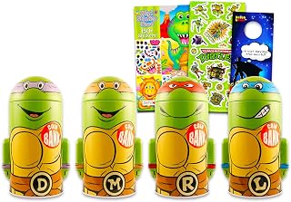 Teenage Mutant Ninja Turtles Coin Bank Bundle for Kids - Includes 4 Unique TMNT 7" Storage Tins, Create-A-Face Stickers, & More | TMNT Money Bank