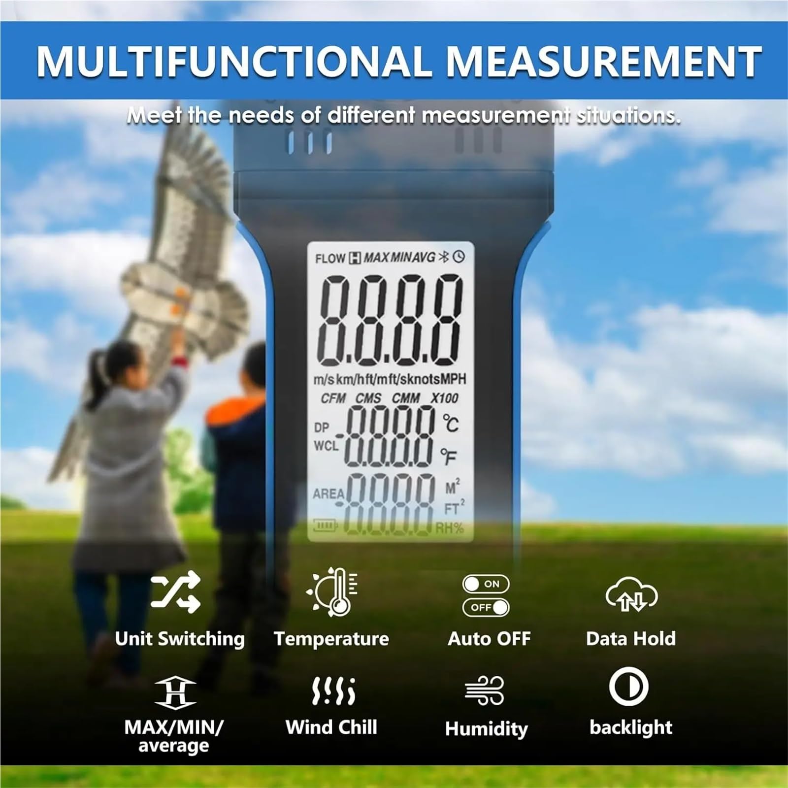 Anemómetro Portátil, Anemómetro de mano con detector giratorio de 270° y cubierta de paleta, medidor digital de velocidad del viento.