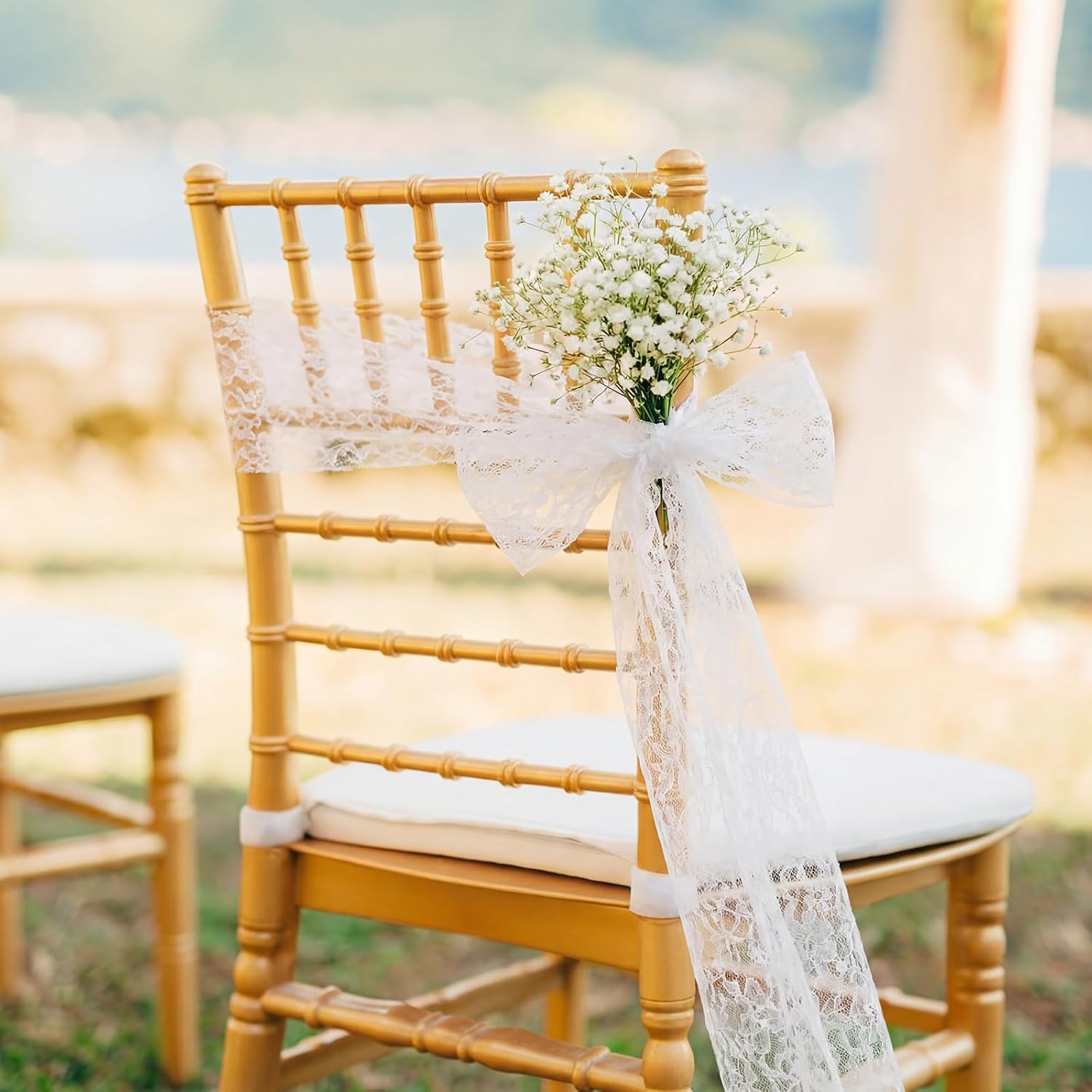 Moukeren 24 Sets White Lace Chair Sashes with Artificial Baby's Breath, 8.2ft Wedding Aisle Pew Decorations Church Ceremony Chair Ribbons for Bridal Shower Banquet Party Decor