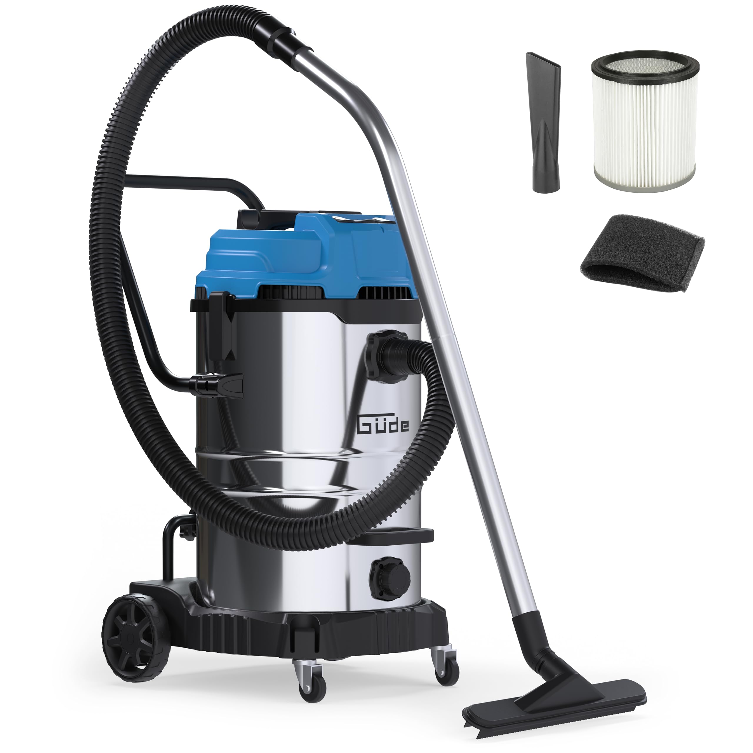 Güde GNTS 3-60L - Aspirador en seco y húmedo (230 V, 3600 W, 3 Motores eléctricos, presión Negativa de 190 milibar, depósito de Acero Inoxidable, Limpieza de Filtro, Manguera de aspiración, Tubo de