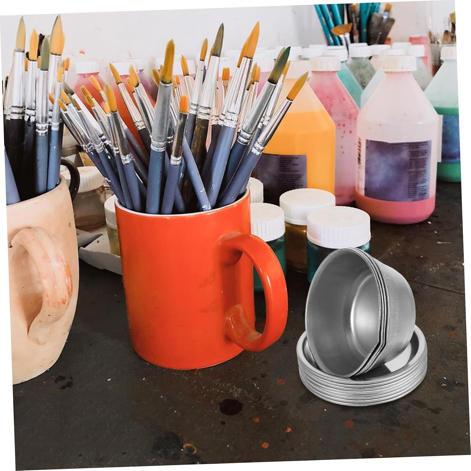 1Set Iron Paint Trays with Spout Pigment Mixing Palette Durable Round Modeling Paint Bowls for Scale Model Painting and Artist Supplies