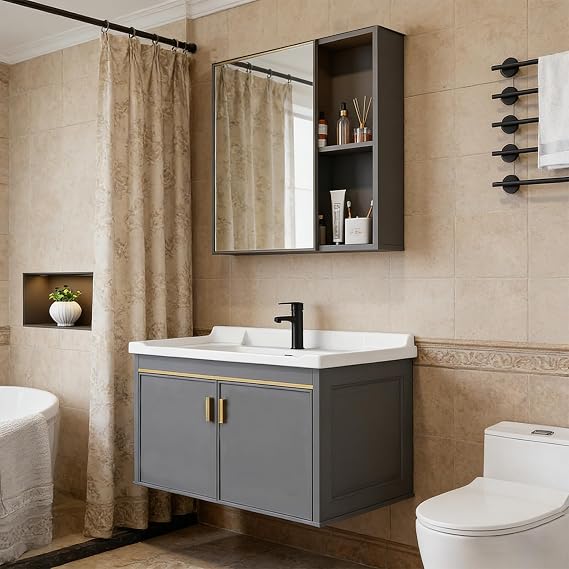 Bathroom Vanity, Wall Mounted Vanity Unit with Mirror Cabinet, Ceramic Integrated Sink & Faucet Combo Set (20.x14x15.7)