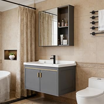 Bathroom Vanity, Wall Mounted Vanity Unit with Mirror Cabinet, Ceramic Integrated Sink & Faucet Combo Set (20.x14x15.7)