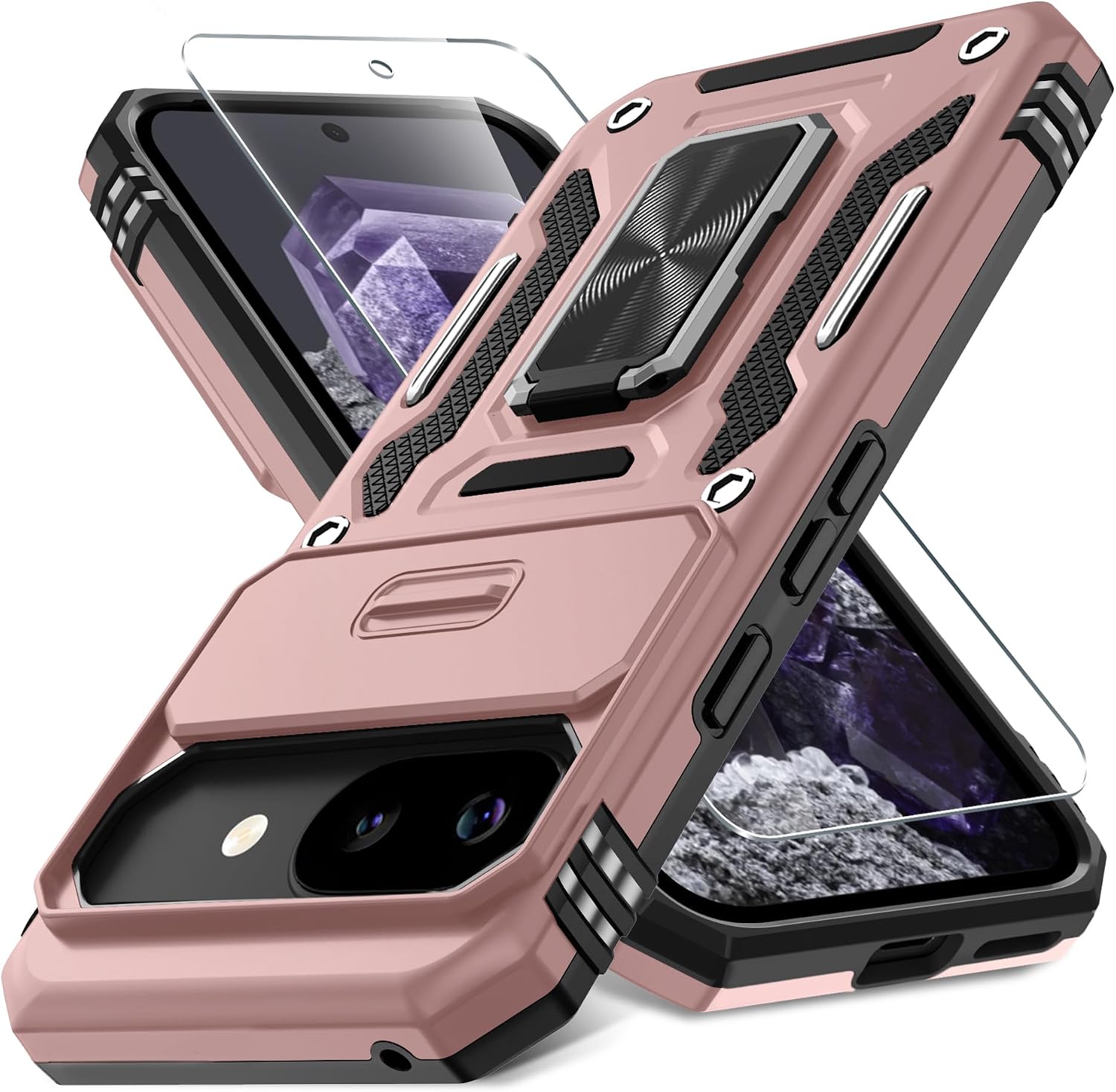 DEERLAMN Case for Google Pixel 10a with Slide Camera Cover+Screen Protector (1 Pack), Rotated Ring Kickstand Military Grade Shockproof Protective Cover-Rose Gold