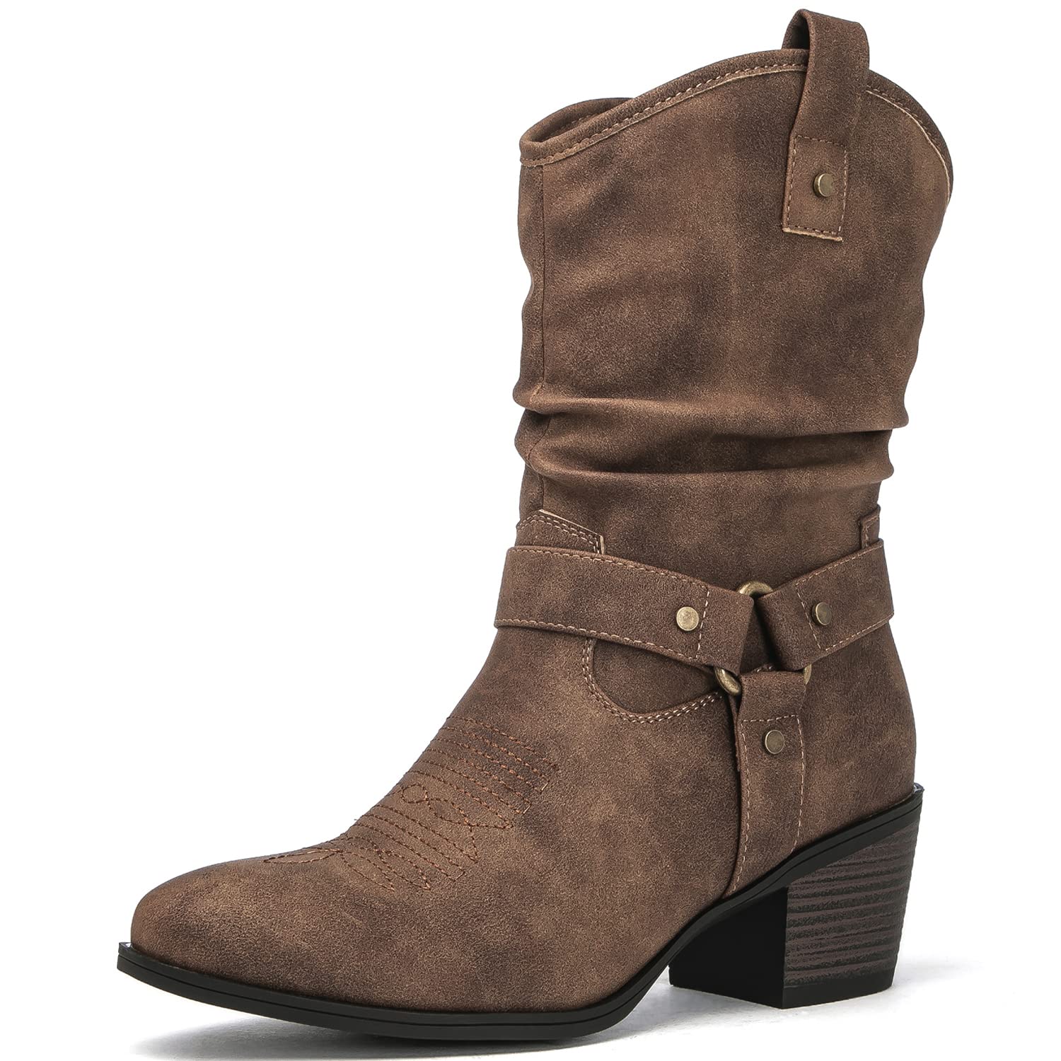 GLOBALWIN Women's Camel Mid Calf Cowgirl Boots Fashion Western Cowboy Boots for Women Chunky Low Heel With Side Zipper Size 8.5M