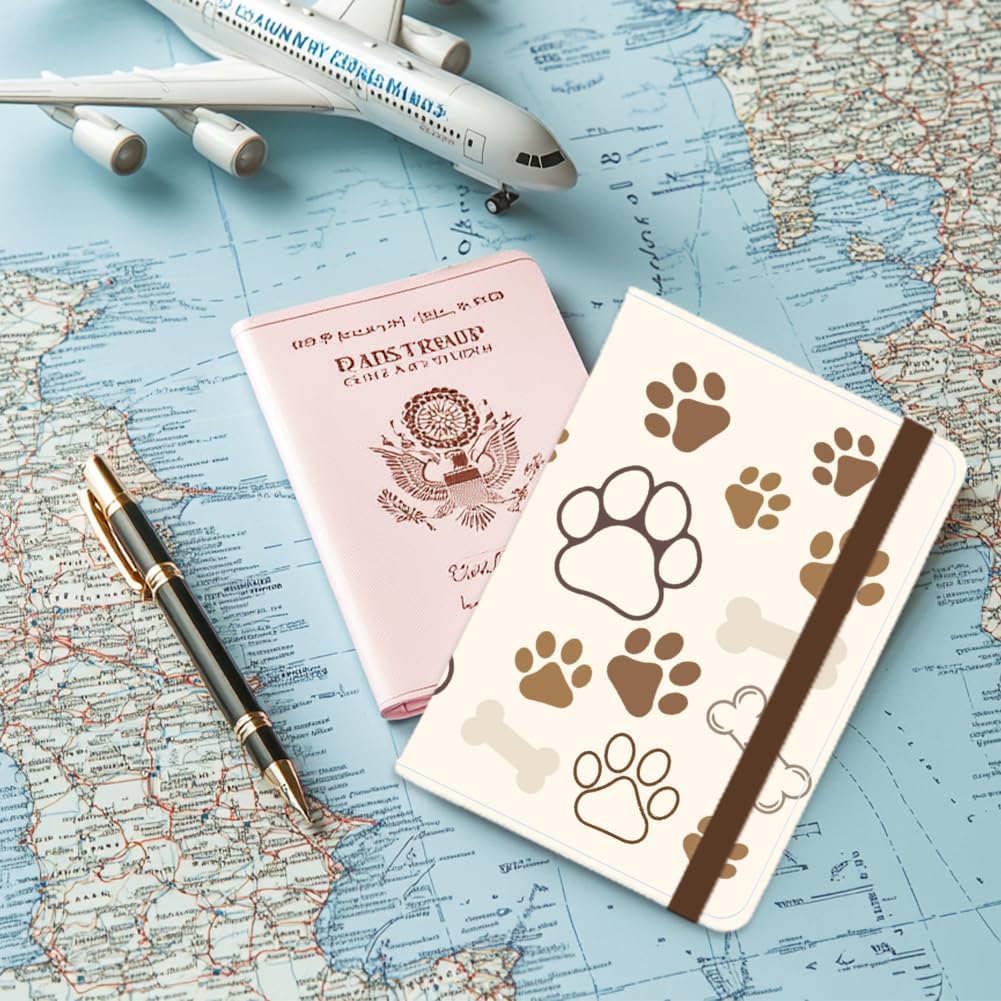 Dog Bones Paw Printing Passport Holder with Credit Card Slots, Paw Passport Cover for Travel Official License, PU Leather Passport Wallet Cover Case with Light Beige Interior for Women Men