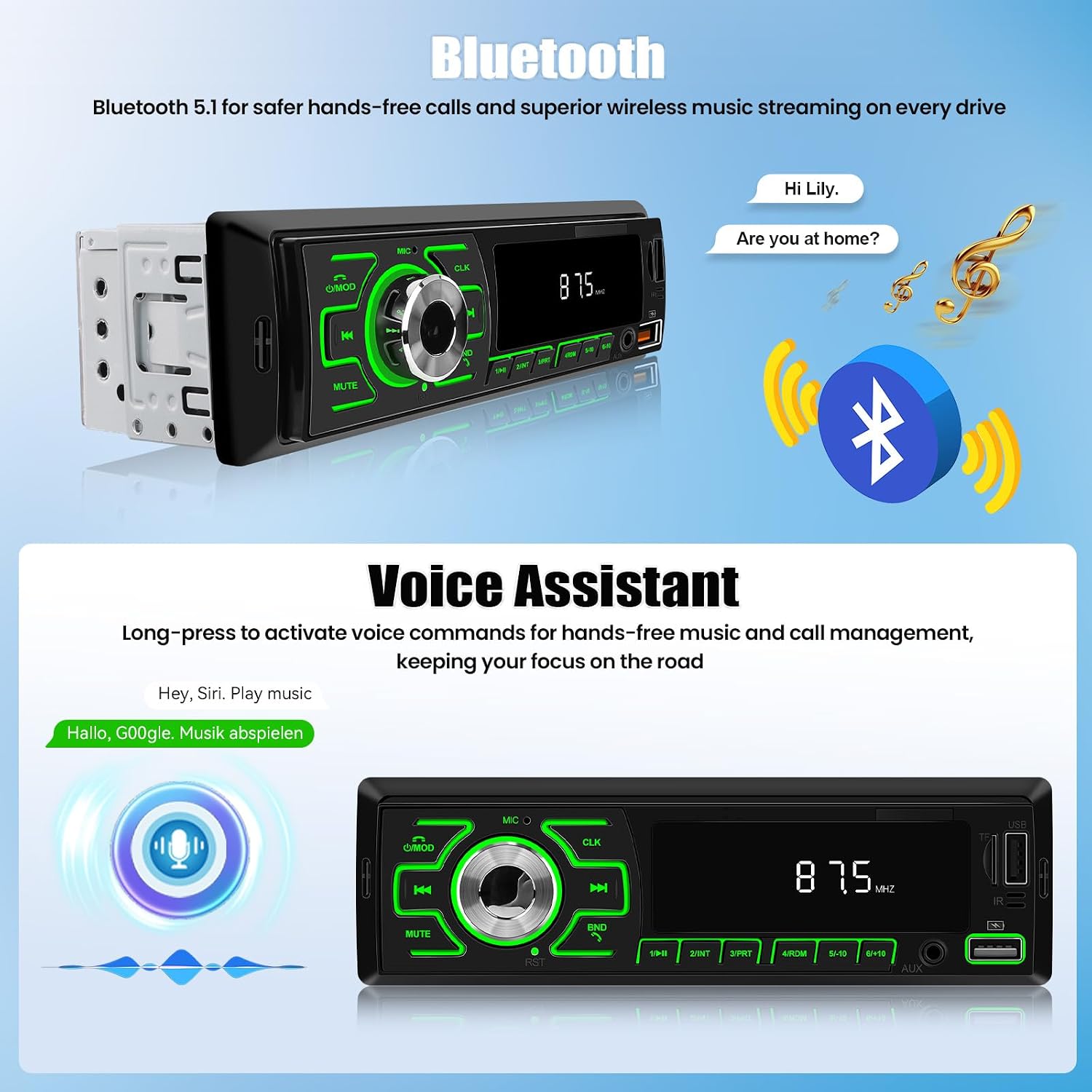 SIXWIN Single Din Car Radio, Bluetooth Car Stereo, Car Multimedia Audio Receiver with Voice Control, AUX/USB/TF Input, APP Control and Location Tracking, FM Radio, Audio Recording