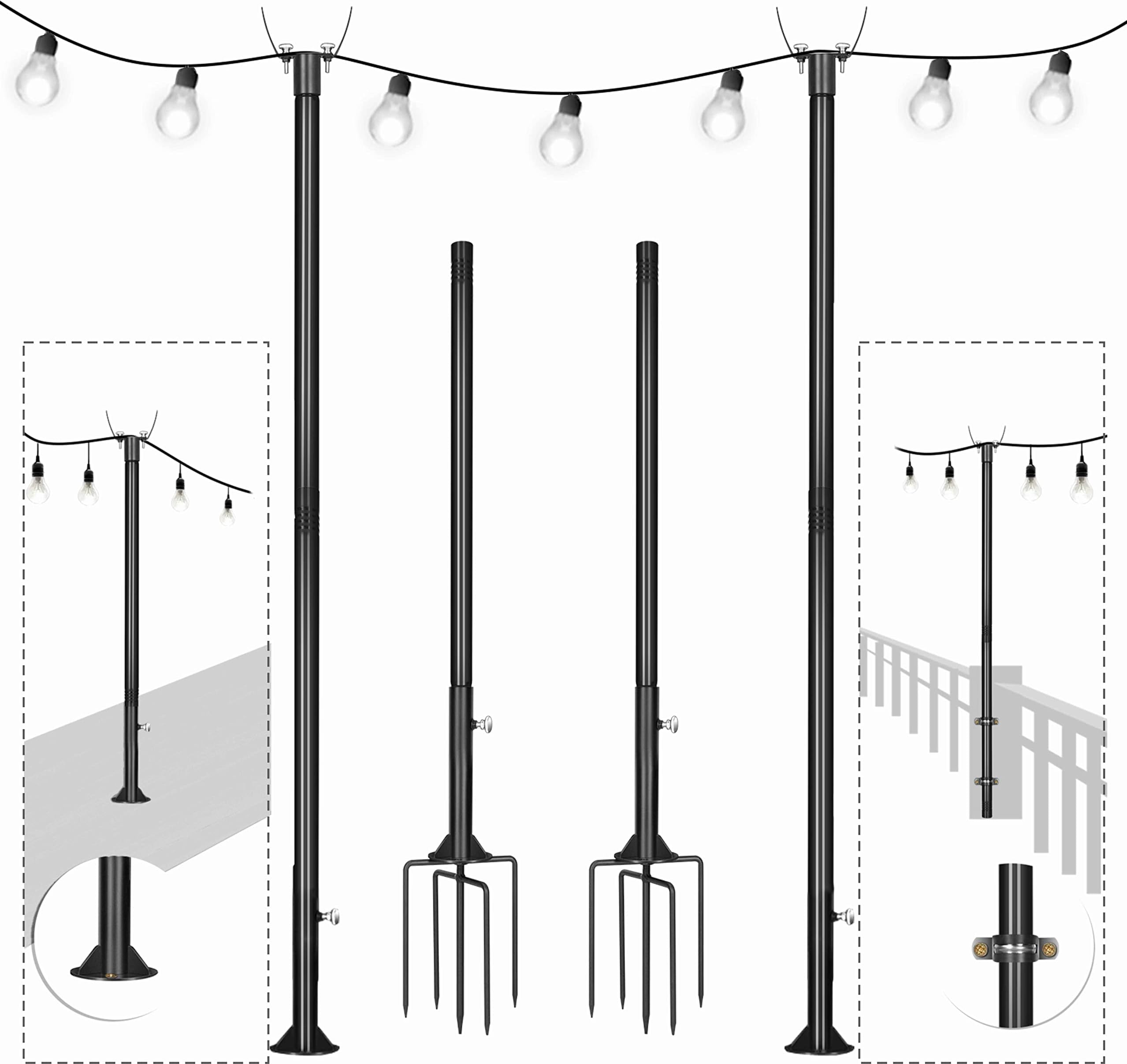 Plamvell Light Pole for String Lights, 9ft Enhanced Stainless Steel Adjustable String Light Stand Pole for Holding LED Solar Bulbs String Lights, Outdoor Patio Xmas Decoration Accessory (Black, 2)