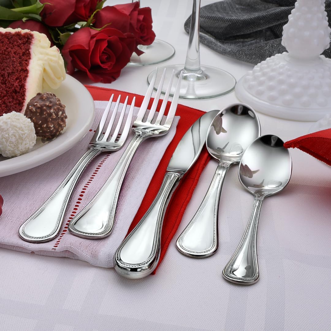 Liberty Tabletop Pearl 65-Piece 18/10 Stainless Steel Flatware Set Service for 12, Includes Serving Pieces, Made in USA