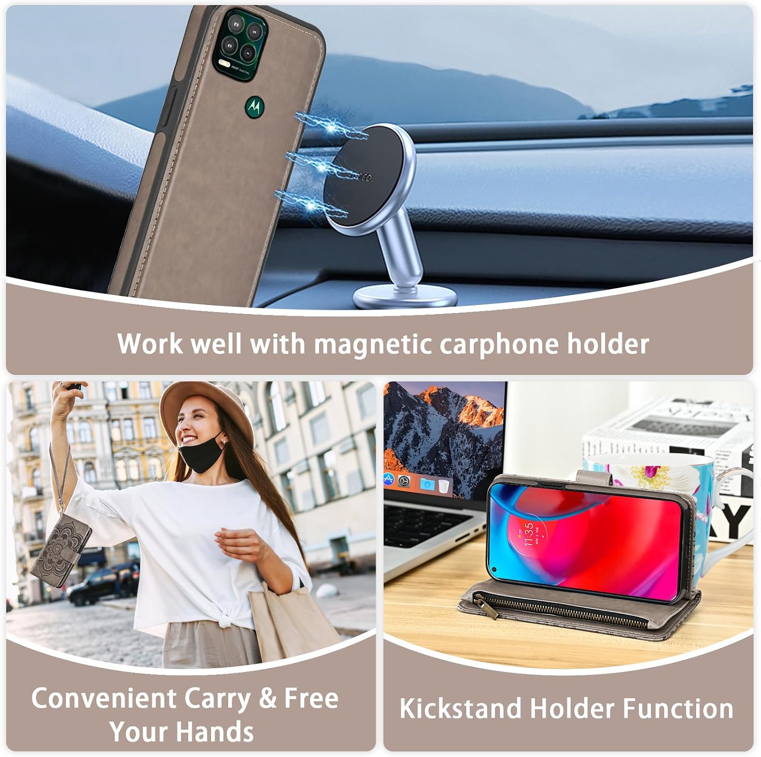 Asuwish Phone Case for Moto G Stylus 5G 2021 Zipper Wallet Detachable Cell Cover with Tempered Glass Screen Protector Crossbody Strap Flower Card Holder Motorola GStylus G5 XT2131DL Women Girls Gray