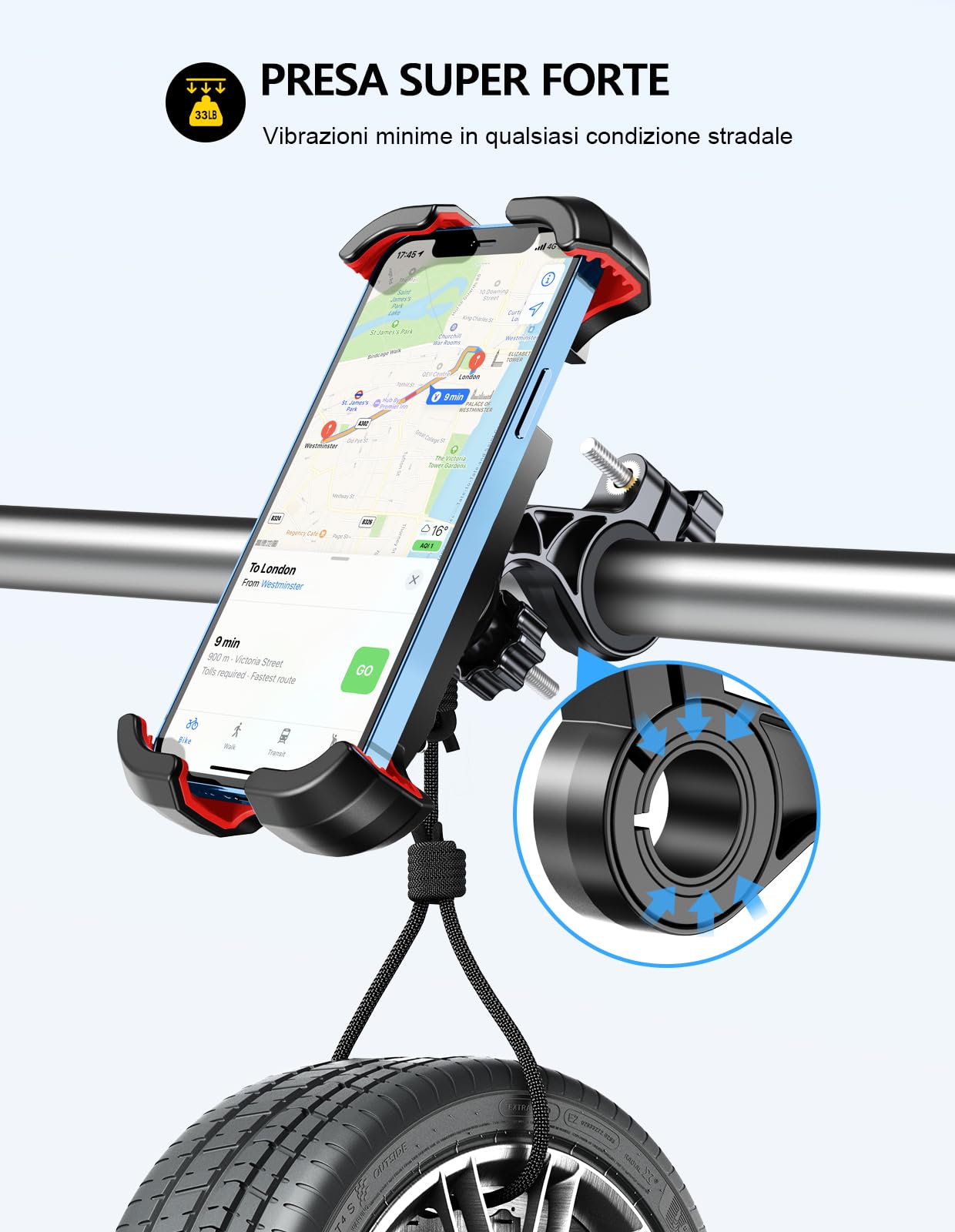 Mohard Porta Cellulare Bici e Moto, Blocco Sicurezza 360° Rotabile Supporto Telefono Bicicletta MTB Universale 4.7-6.8" Smartphone 1S Blocco Rapido Manubrio Stabilizzatori e Ammortizzatori Silicone