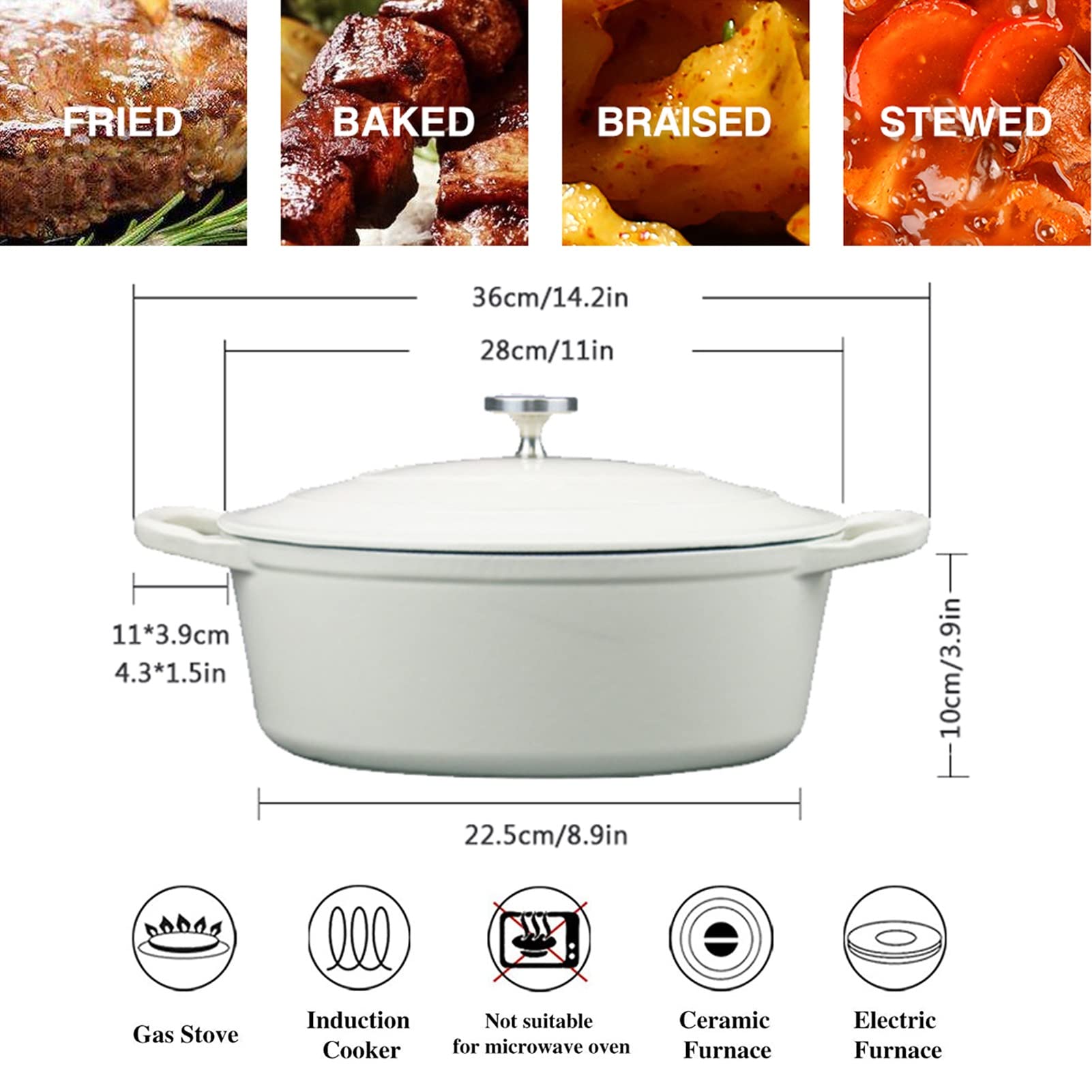 Emalowany Dutch Oven Z Pokrywką żeliwny Kociołek Holenderski Gotowanie Bez Wody Podwójne Uchwyty Nieprzywierający Do Gotowania Pieczenia Zupy(White)