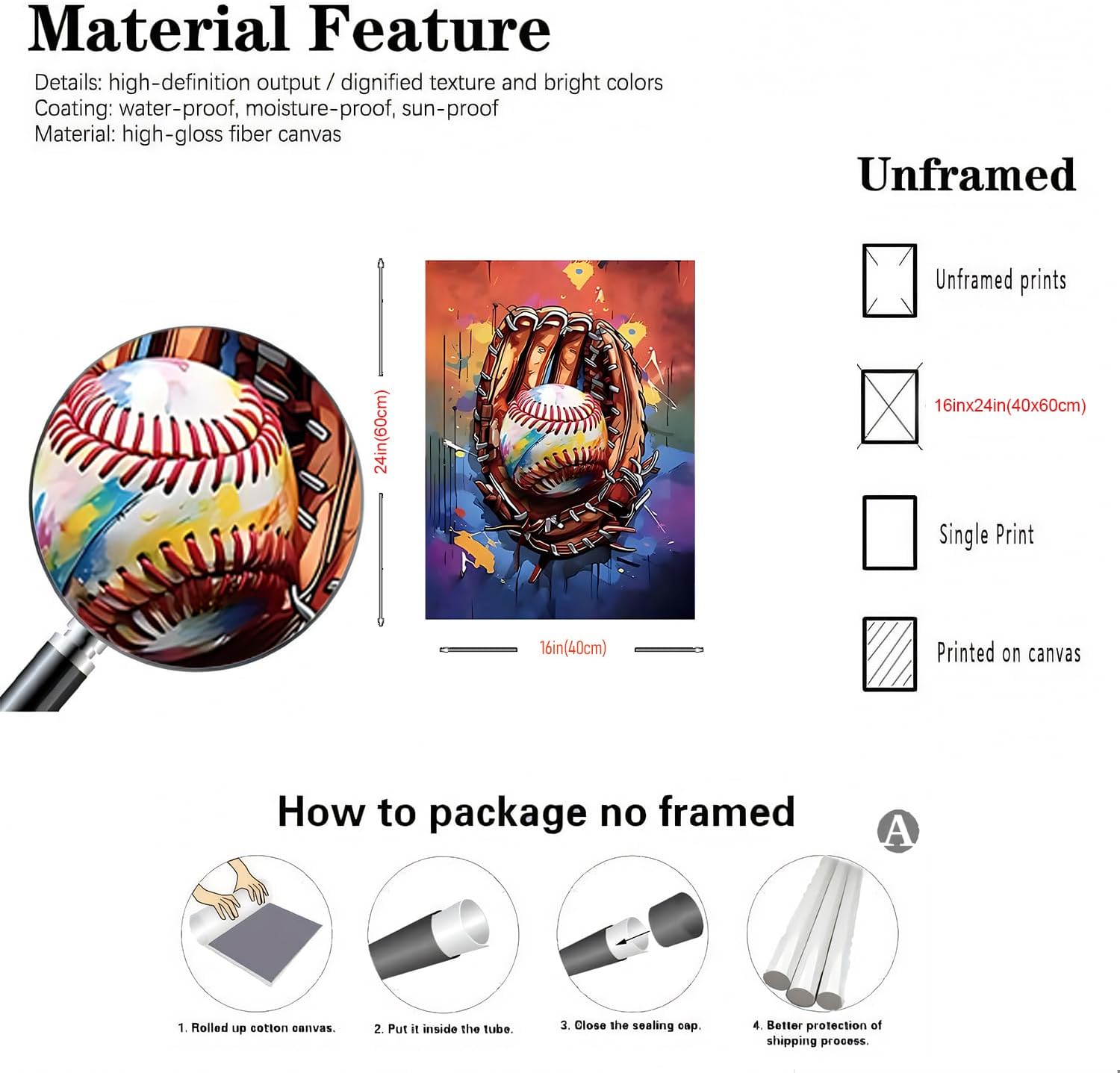 JBZDD Baseball Canvas Wall Decor Poster Set of 3 Vintage Cool Sports Graffiti Art Prints Pictures,for Boys Room Man Bedroom Cave Decorations16x24in Unframed