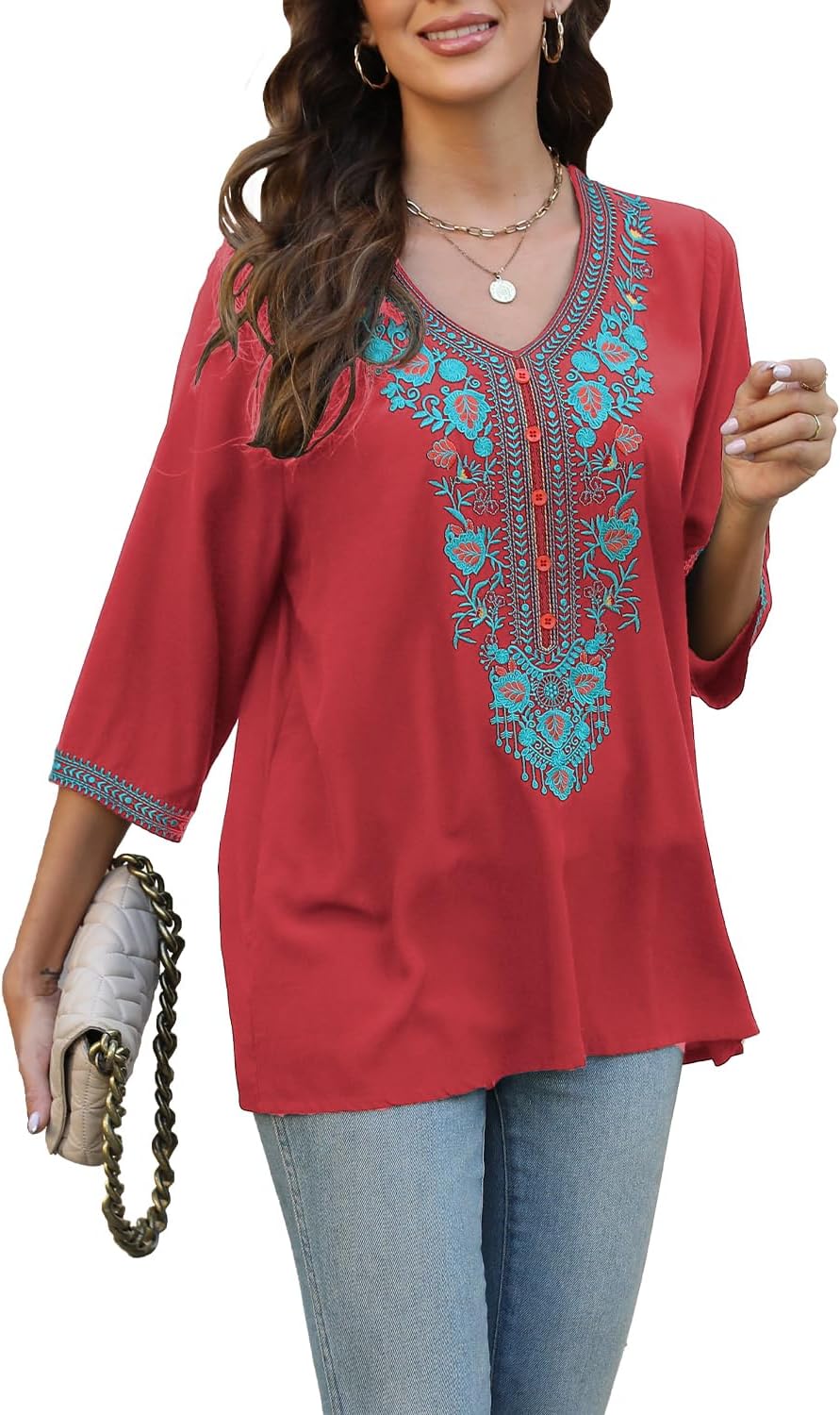 AK Embroidered Tops for Women 3/4 Sleeve Traditional Mexican Shirts V Neck Boho Floral Peasant Tops Loose Tunic Blouses - Image 4