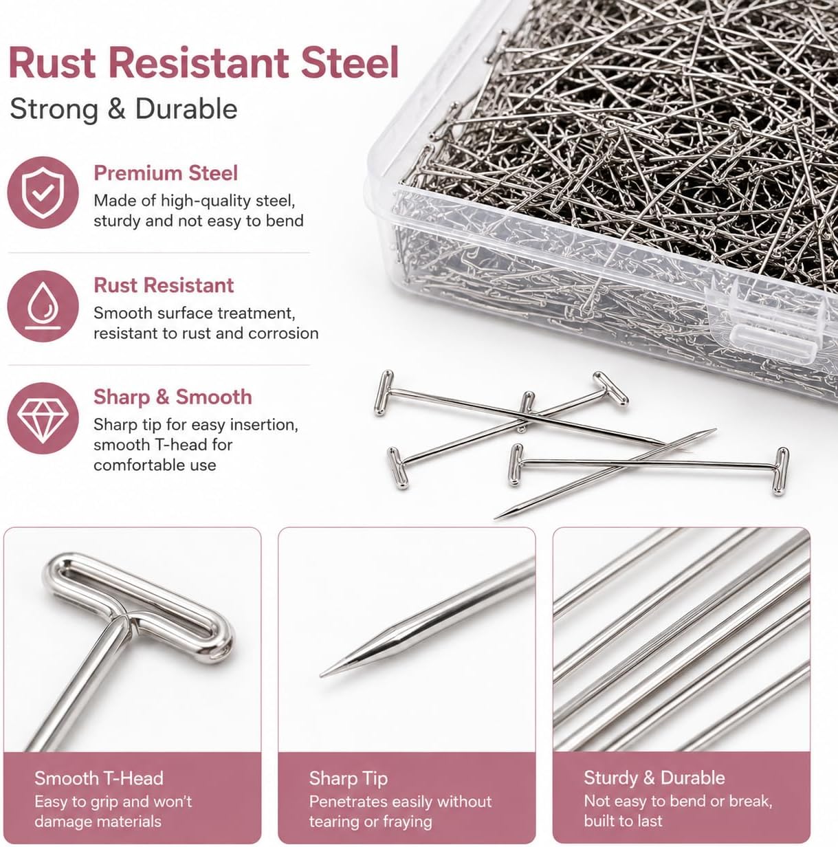500PCS T Pins for Wigs, 1.5 Inch 38MM Stainless Steel T Pins with Storage Box, Rust Resistant Wig Pins for Lace Wig Styling, Sewing, Crafting, Blocking & Fabric Fixing