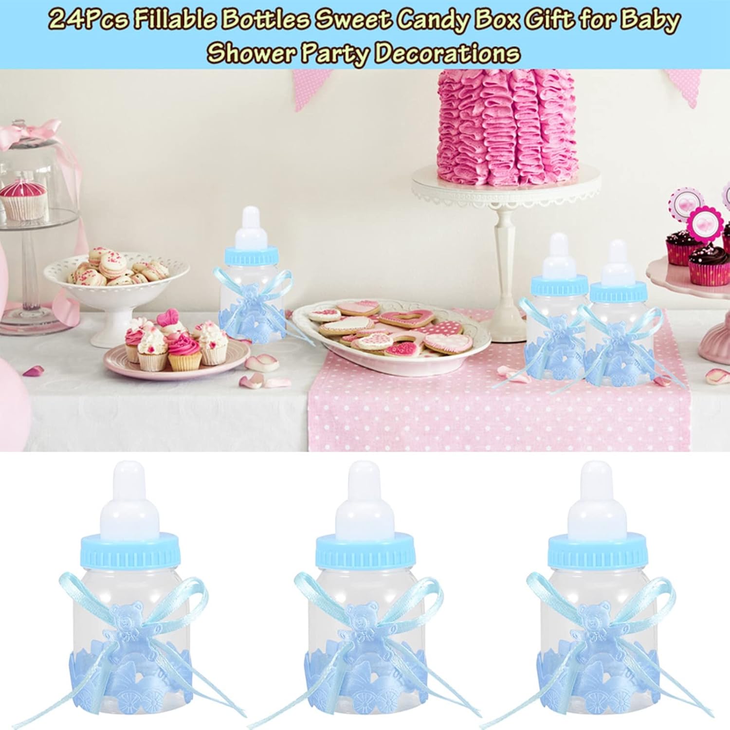24Pcs Fillable Bottles Food Grade Plastic Sweet Candy Chocolates Box Gift for Baby Shower Birthday Party Wedding Decorations(Blue)
