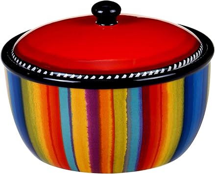 Sierra 8.25" Ceramic Bean Pot with Lid, 72 oz, Multicolor Great for Serving Soups, Stews, Chilis, Casseroles, Salsas, and Sides Vibrant Mexican-Inspired Serveware