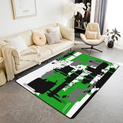 Feelyou Tapete de interior de arte abstracto para niños y niñas, 5 x 7 pies, color verde y negro, alfombra de sala de estar, ultra suave, retro,