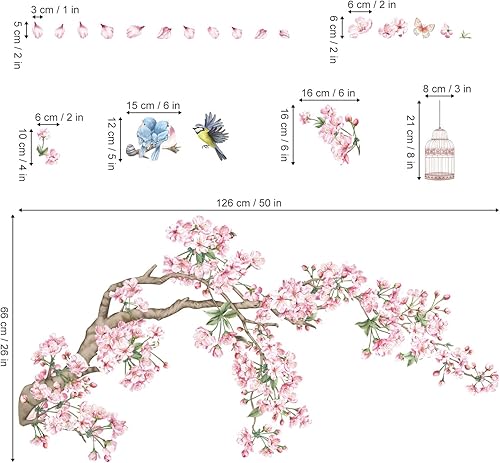 Miniatura 4 de decalmile Calcomanías de pared de ramas de cerezo en flor de cerezo, flores rosas, pájaros, calcomanías de pared para dormitorio, sala de estar,