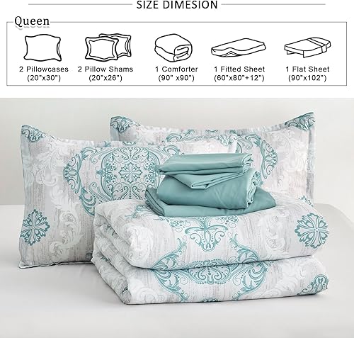 Miniatura 8 de Juego de edredón marrón tamaño King, diseño de textura de damasco de 7 piezas, juego de ropa de cama en una bolsa de microfibra suave, 1 edredón, 1