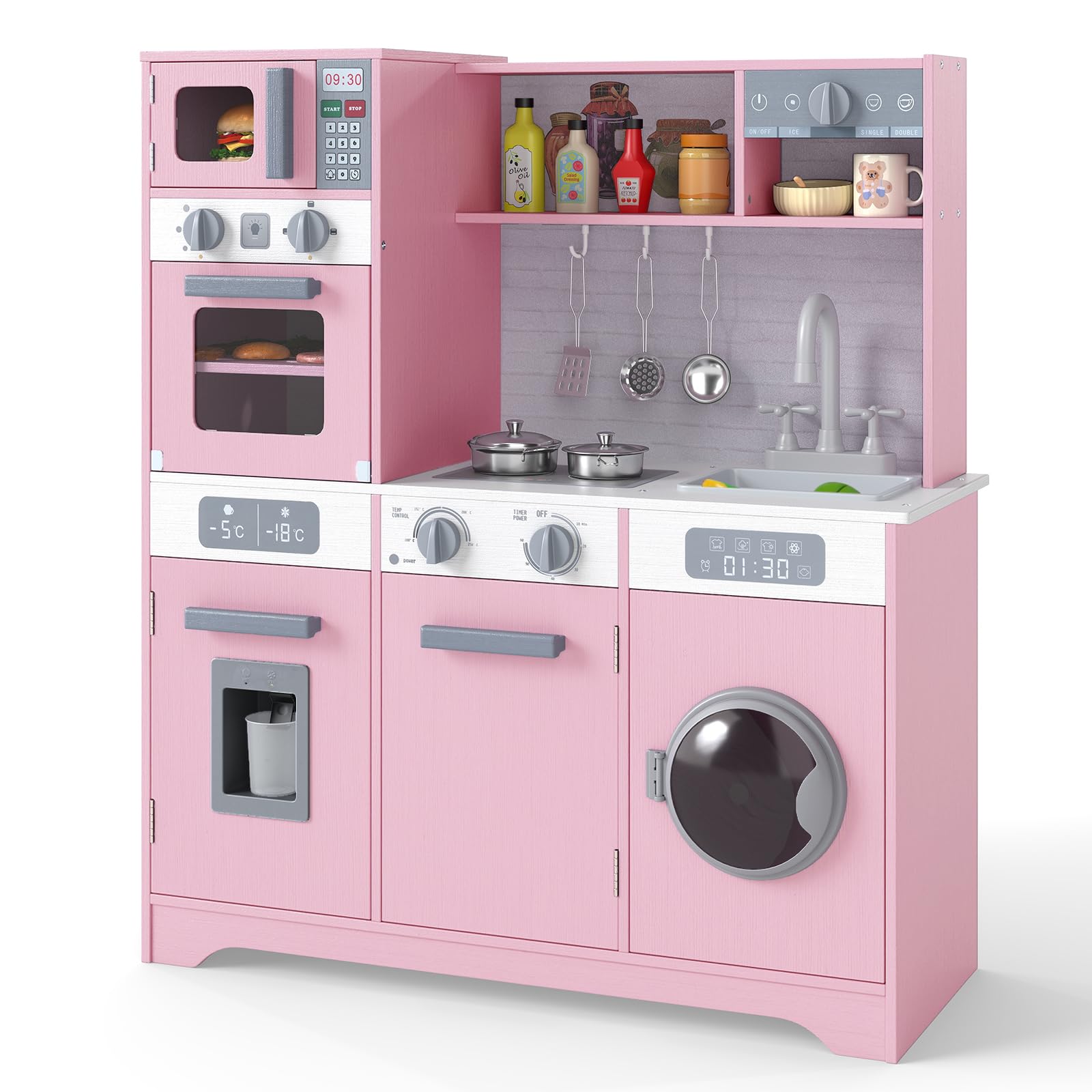 GYMAX Kids Play Kitchen, Wooden Toy Kitchen with Microwave, Water Dispenser, Washing Machine, Oven, Sounds, Lights, Sink, Cookware Accessories and Chef Pretend Kitchen for 3+ Years Old (Pink)