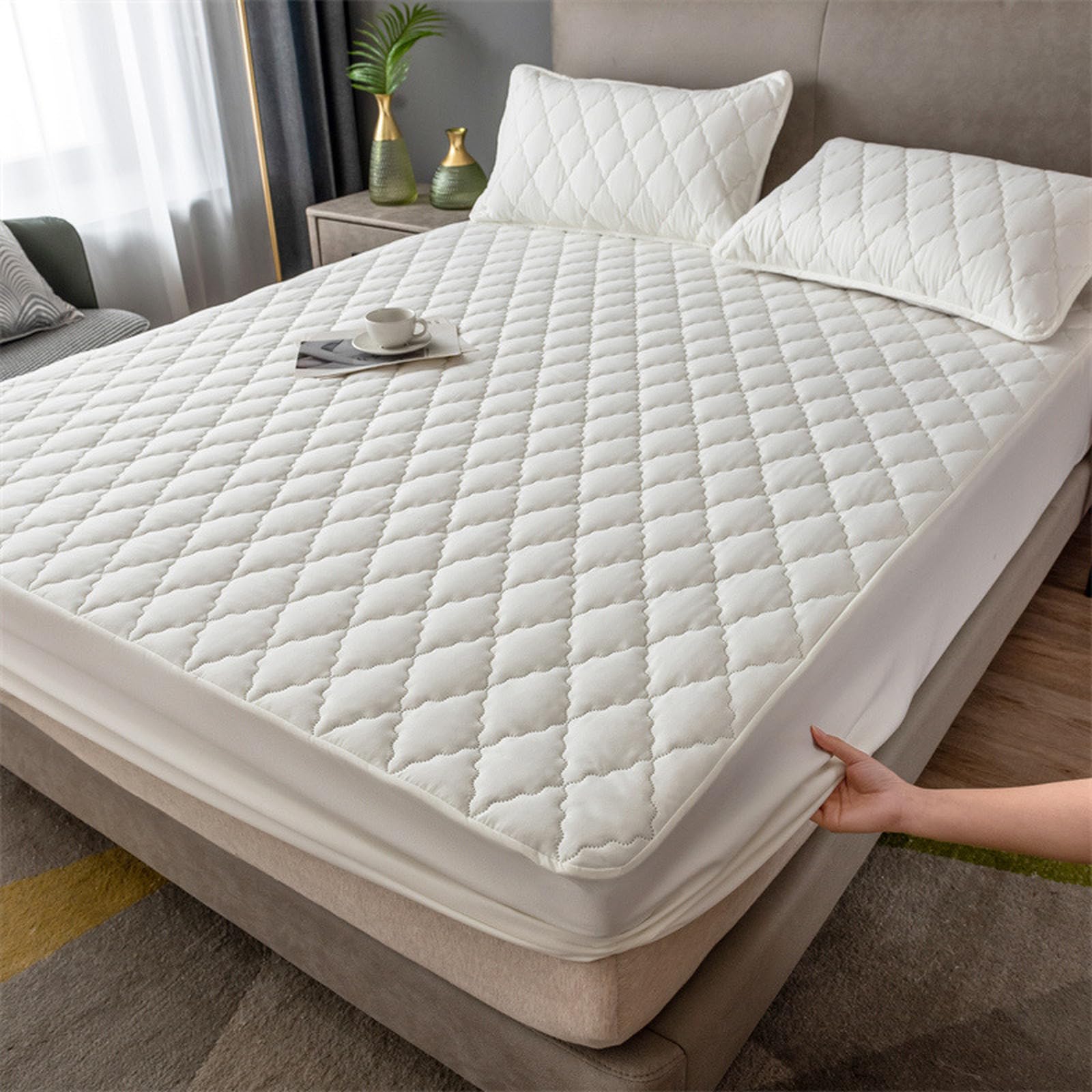 Weich warm Spannbettlaken 200 x 220 + 30 cm matratzenschoner wasserdicht Weicher Wasserdicht Matratzenschoner bettspanntuch Topper Spannbetttücher Weiß