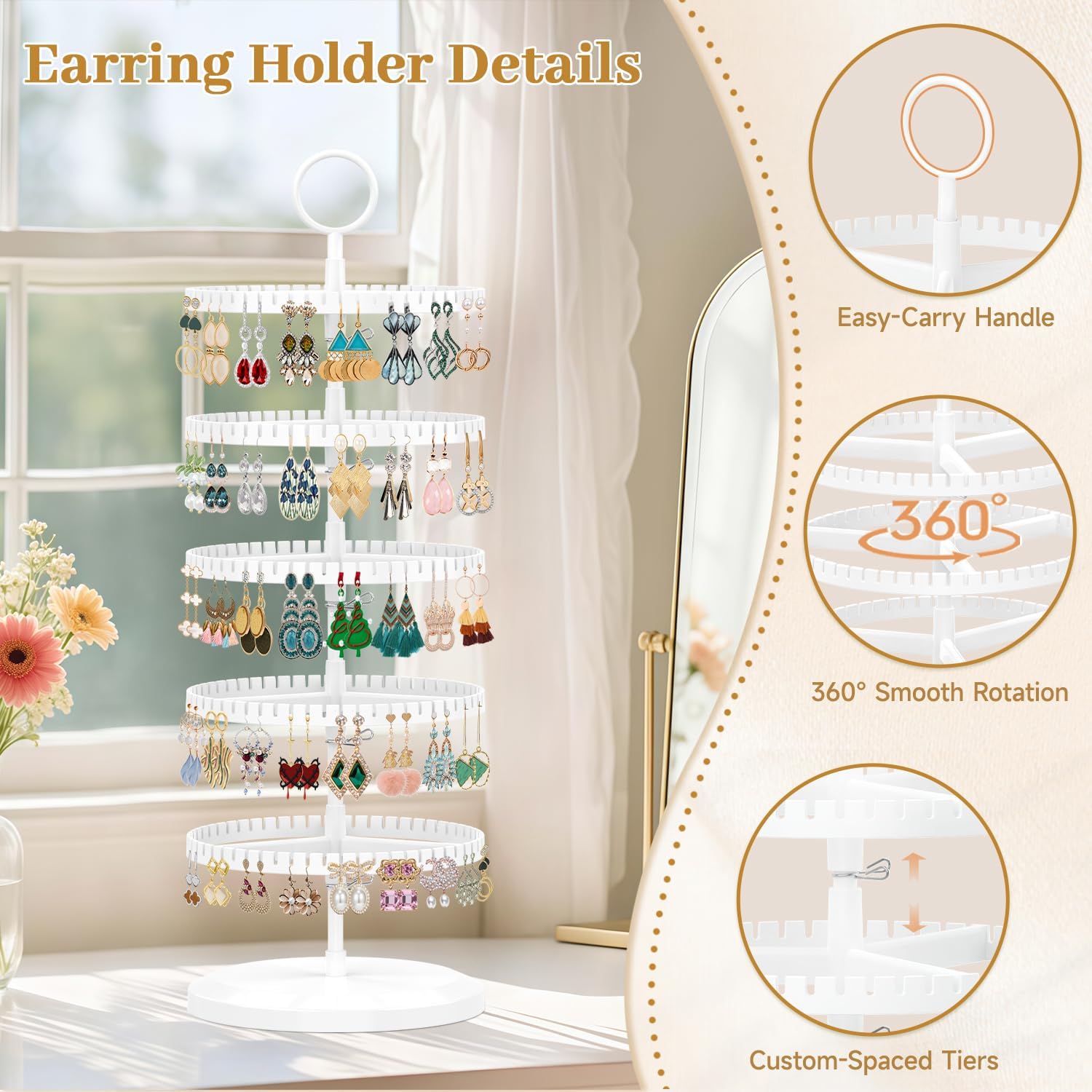 MODOWEY Rotating Earring Holder Organizer Adjustable Display, 5 Tiers White image 4