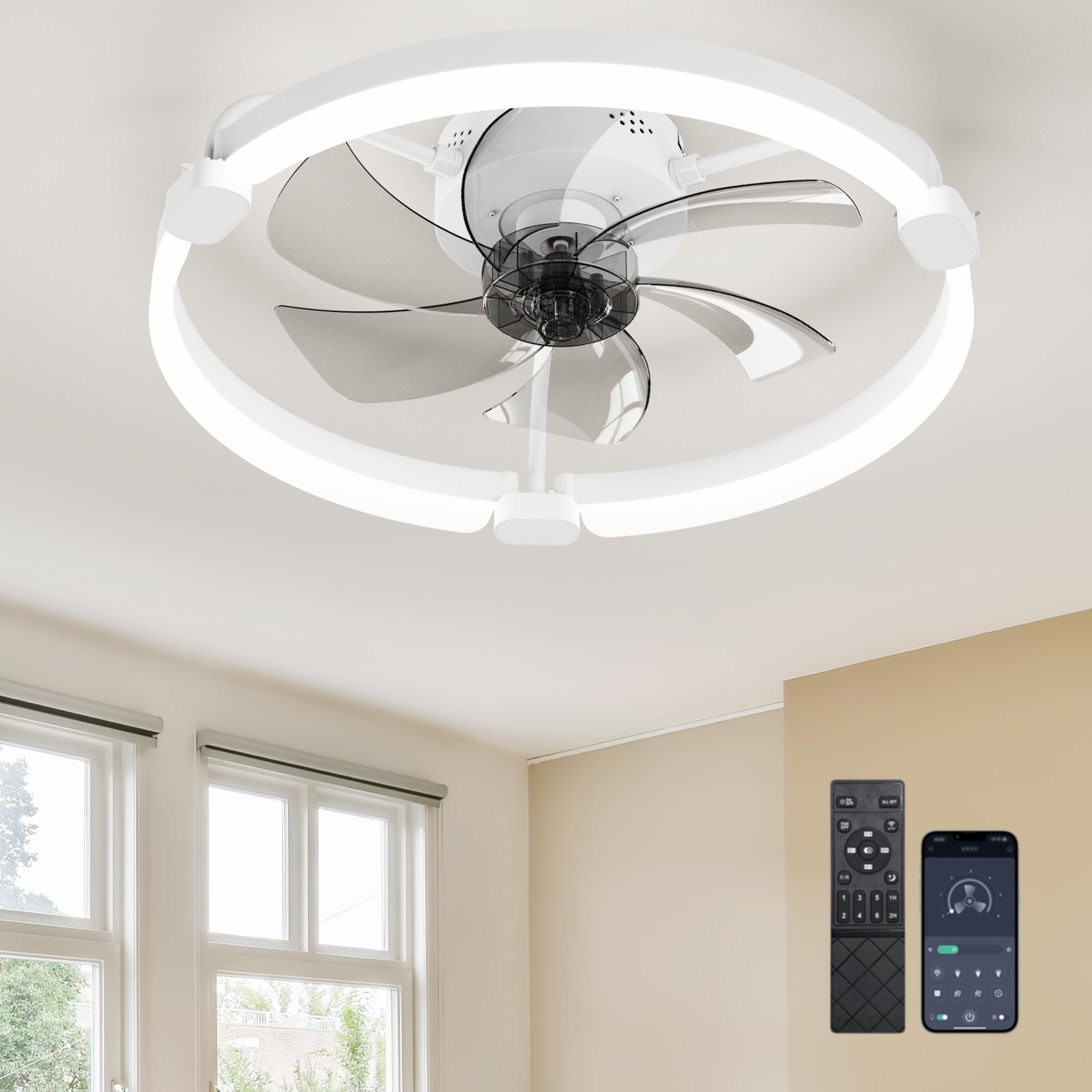 Ensenior 20'' Low Profile Ceiling Fans with Lights and Remote, Fandelier Ceiling Fan Flush Mount, APP Control, 6 Speed & 3000K-6500K Stepless Dimmable Small Ceiling Fan with Light for Bedroom - Black