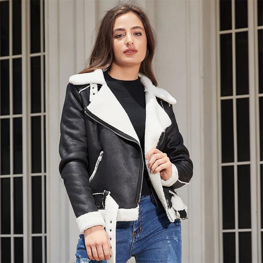Giacca invernale da donna in pelle spessa con pelliccia integrata calda giacca in pelle scamosciata con cintura e risvolto