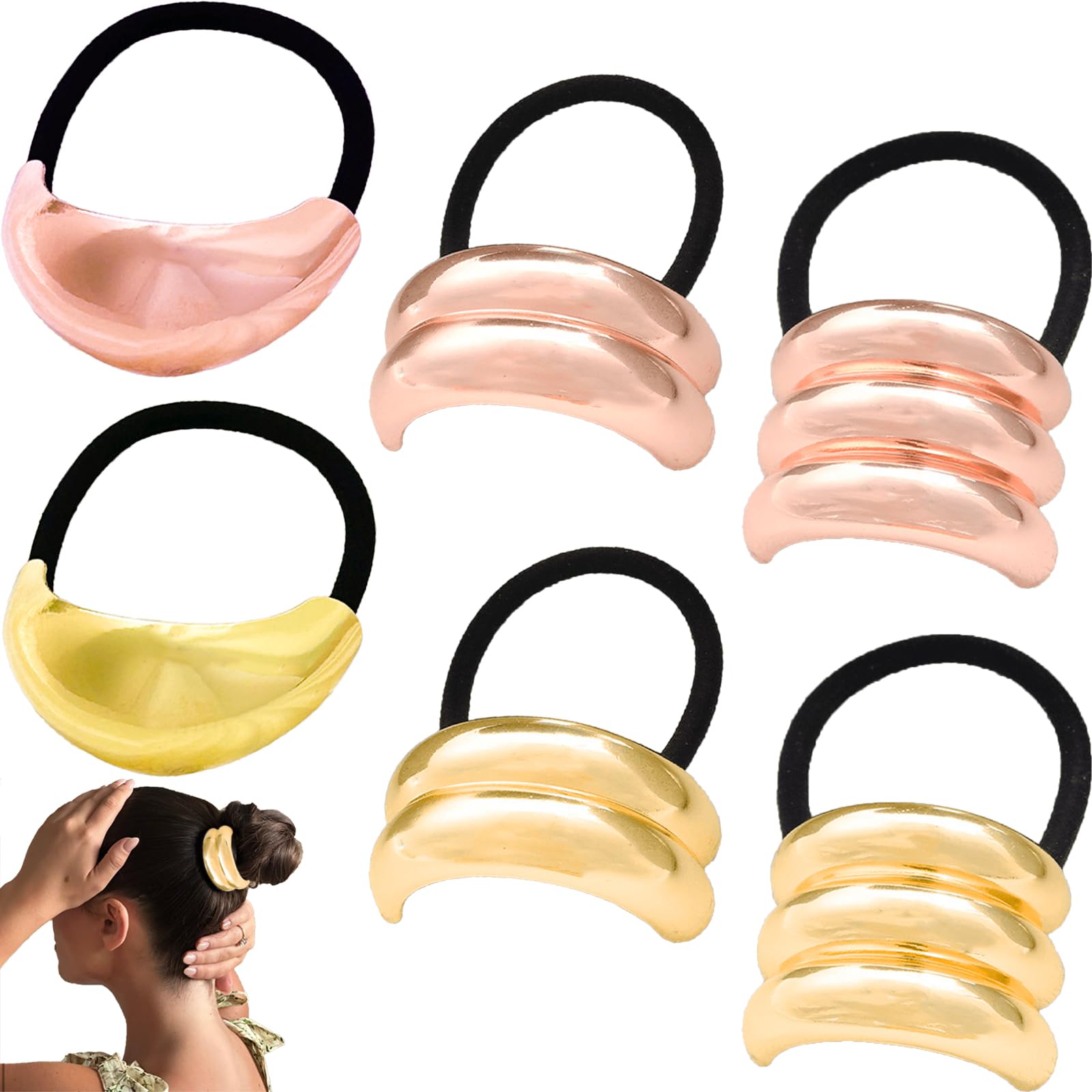 6Pcs Banana Hair Clip for Ponytail Elastic Gold Hair Accessories Metal Hair Tie Ponytail Holder Glossy Rose Gold Hair Cuffs for Women Girls Long Curly Hair
