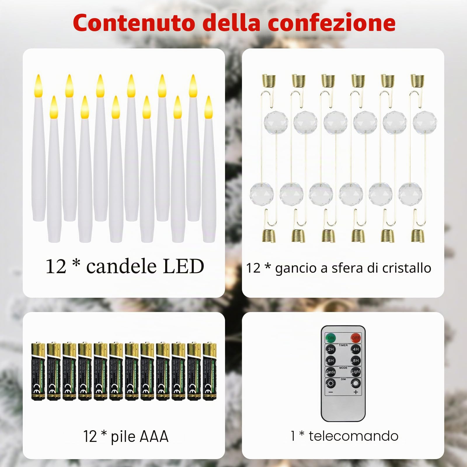Candele LED Decorative per Albero di Natale: Palle di Cristallo, Telecomando Regolabile, 12 Pile AAA Incluse, Sicure Senza Fiamma