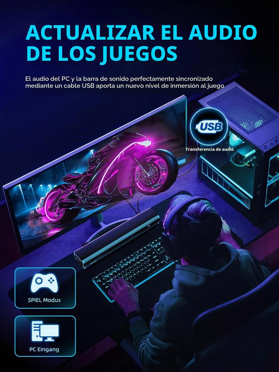 Barra de Sonido TV Mini Barra de Sonido PC Gaming Home Cinema 60W, 2,1 Canales, Altavoz de subwoofer Integrado, Ordenador con USB Digital Audio/BT5.4/óptico/AUX Voice Enhance 3 EQ - 40cm