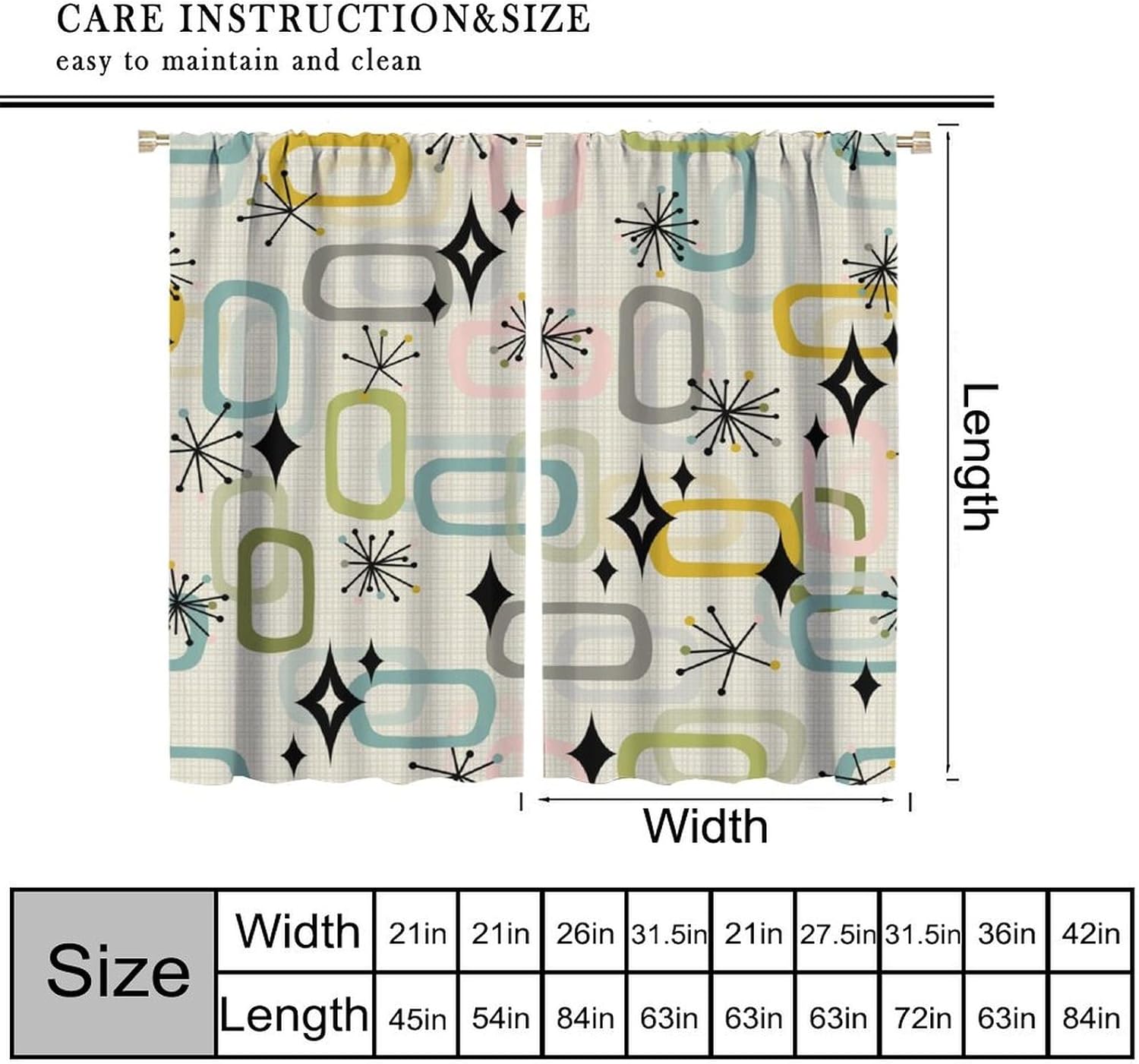 Mid Century Blackout Curtains,Atomic Retro Abstract Geometric Vintage Classic Pattern 2 Panel Rod Pocket Window Drapes for Living Room Bedroom Decor 31.5" W X 63" L