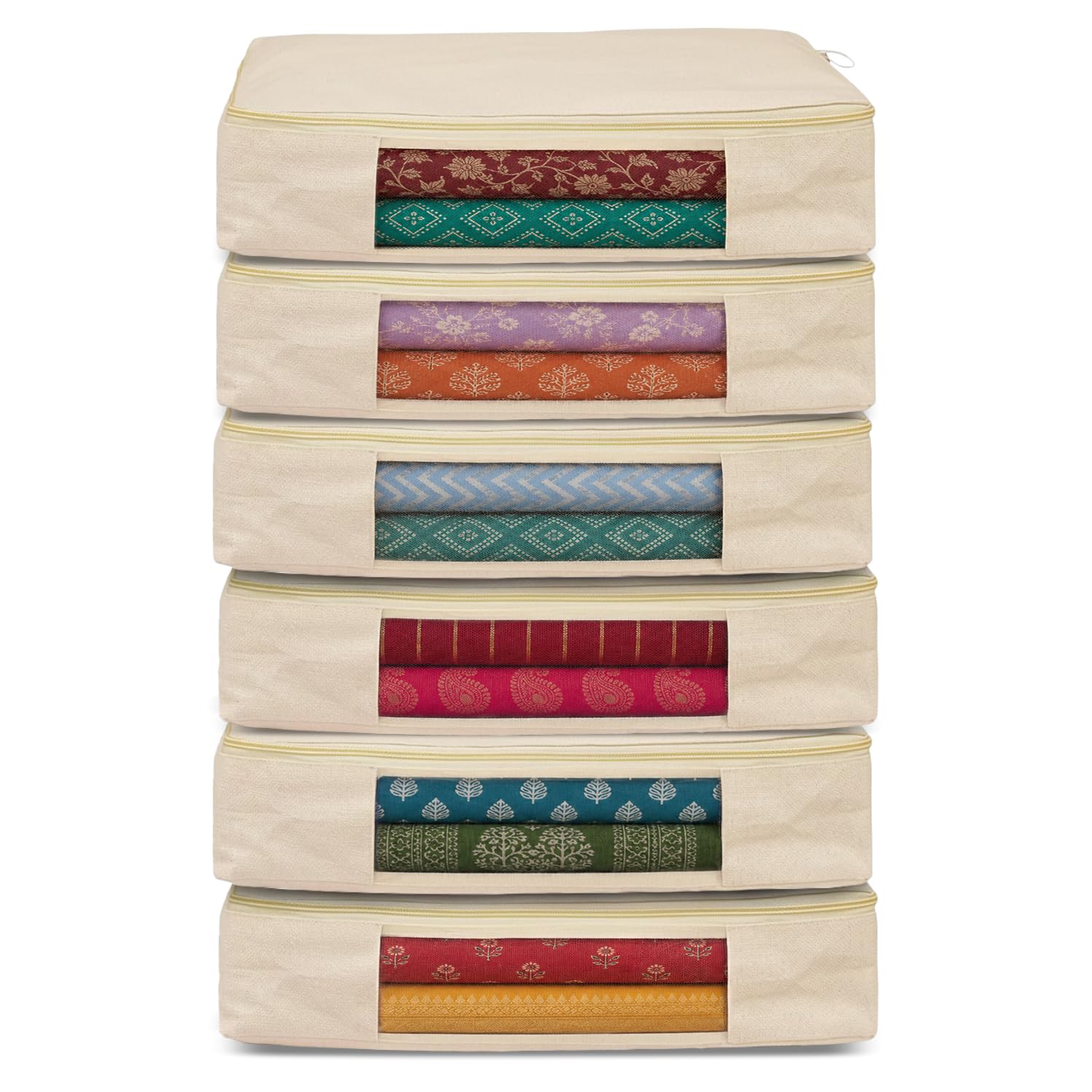 JD FRESH 6 Pcs Cotton Saree Covers/Storage Bags with Zip Cover/Space Saving Bag with Transparent Window/Wardrobe & Cupboard Organizer for Clothes/Bedsheets/Lehengas (16 x 13 x 3 Inch/Off White)-image-48
