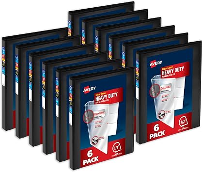 Avery Heavy-Duty View 3 Ring Binders, 0.5 Inch One Touch Slant Rings, 135-Sheet Capacity, DuraHinge, 0.7 Inch Wide Spine, Customizable Clear Cover and Spine, Black Binders 12-Pack of 79766