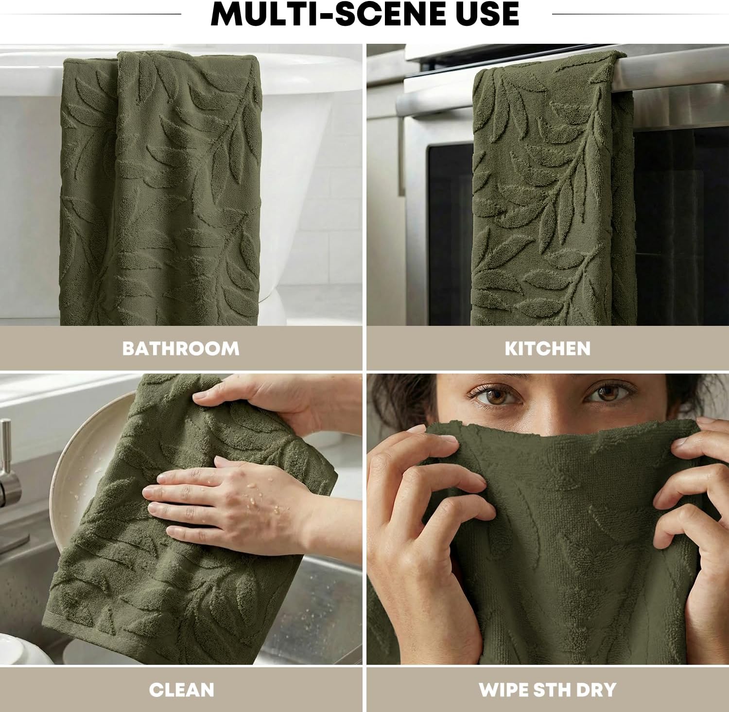 Artoid Mode 2 Pcs Olive Green 3D Leaves Jacquard Hand Towels for Bathroom, 100% Cotton Soft Absorbent Bathroom Decor Towels, 13.7 x 29.5 Inch