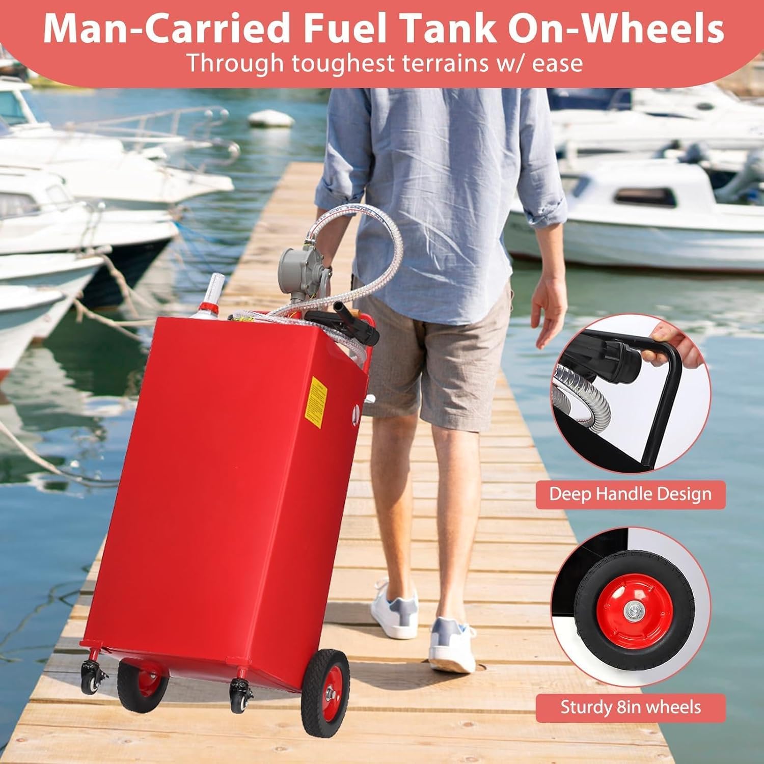 35 Gallon Fuel Caddy w/Manual Pump 4-Wheel Portable Gas & Diesel Storage Tank Heavy-Duty Steel with Hose for Lawn Mower, ATV, Boat, Farm