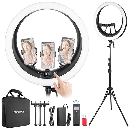 NEEWER Ring Light RP19H 19 Inch with Tripod Stand 3 Phone Holders Compatible with iPhone, Upgraded 2.4G Touch Control Ringlight for Video Recording Streaming Home Office Zoom Selfie Makeup Lighting - RP19H w/ Remote Shutter