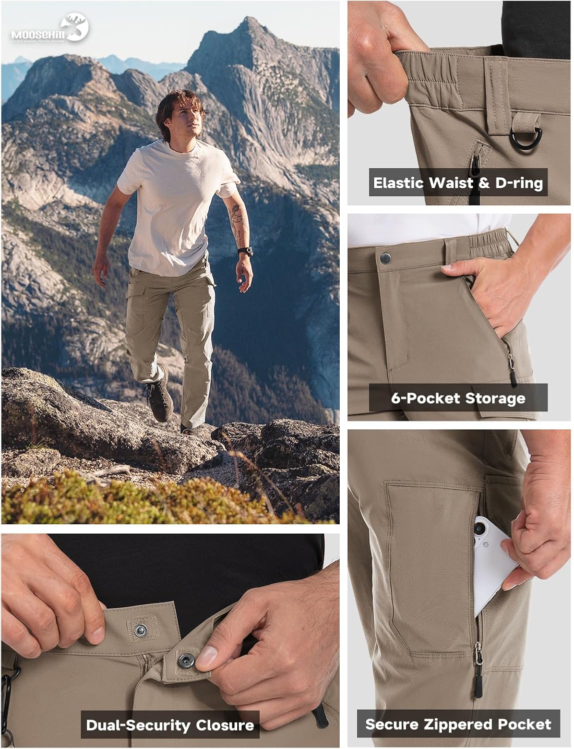 Moosehill Hiking Pants Men Stretch: Breathable Waterproof Quick Dry Lightweight Nylon Spandex Pants for Fishing Travel