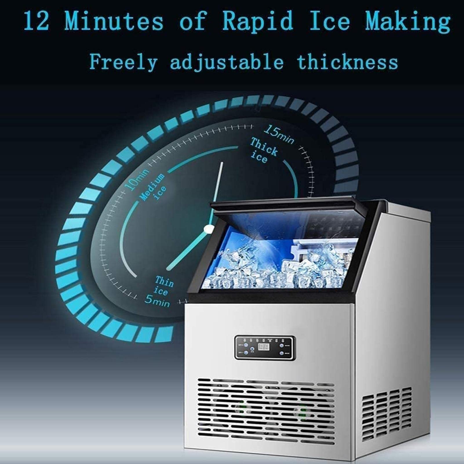 Fabricadores de Cubitos de Hielo Hielo Comercial Independiente de Acero Inoxidable Fabricación rápida de Hielo en 12 Minutos Limpieza con un Solo botón de 60 kg/24 Horas