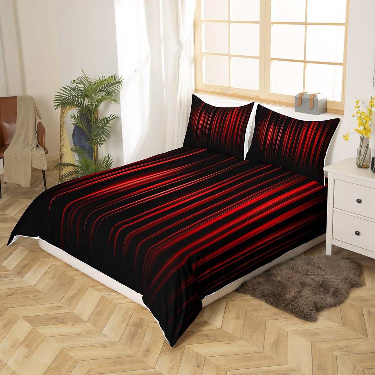 Manfei Red and Black Duvet Cover Set Single Size, Geometric Abstract Ombre Comforter Cover - Image 2