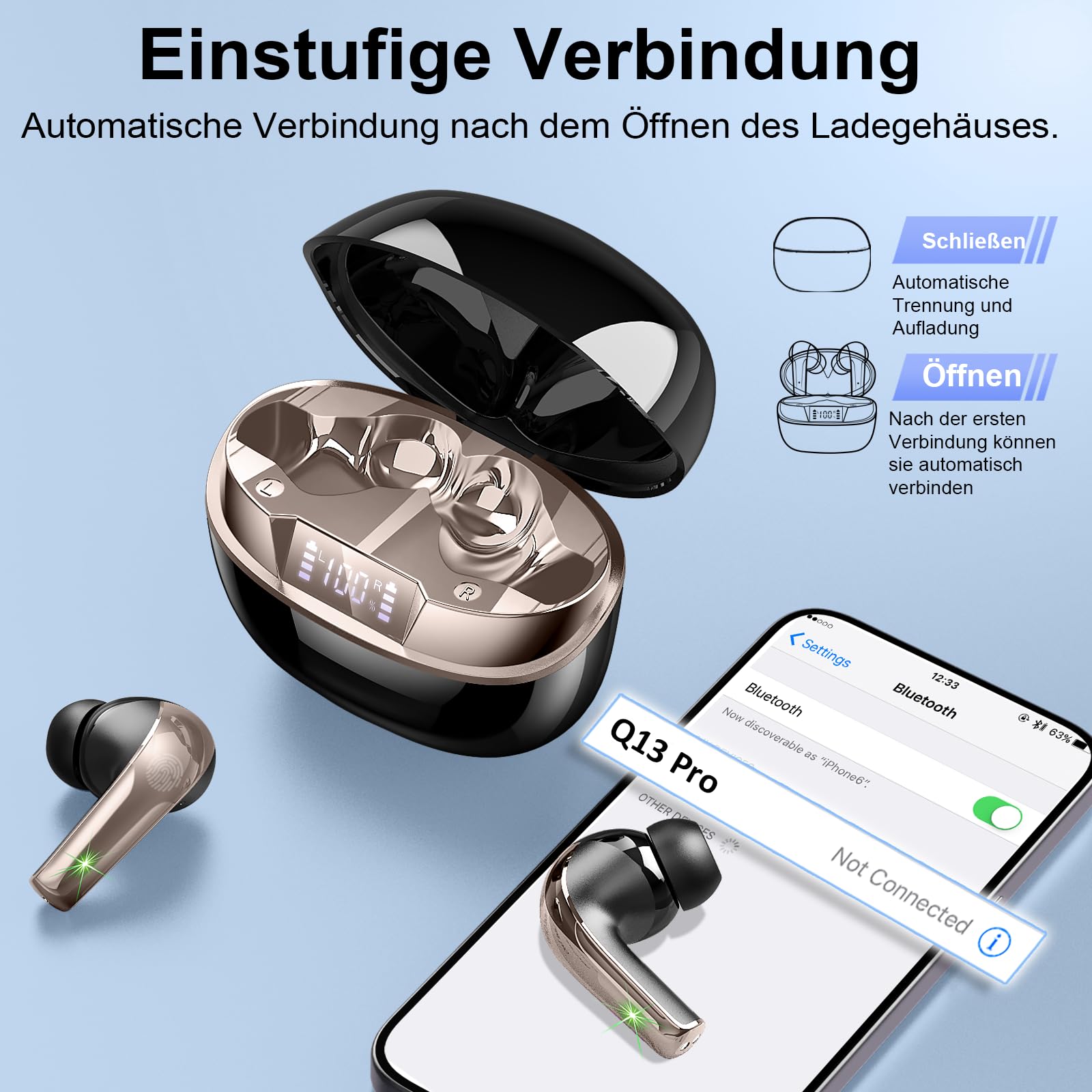 Bluetooth Kopfhörer, Kopfhörer Kabellos Bluetooth 5.4 HiFi-Klangqualität mit ENC Mikrofon, 47Std Spielzeit In Ear Ohrhörer mit IP7 Wasserdicht, Ohrhörer mit LED Anzeige für IOS/Android, Schwarzgold