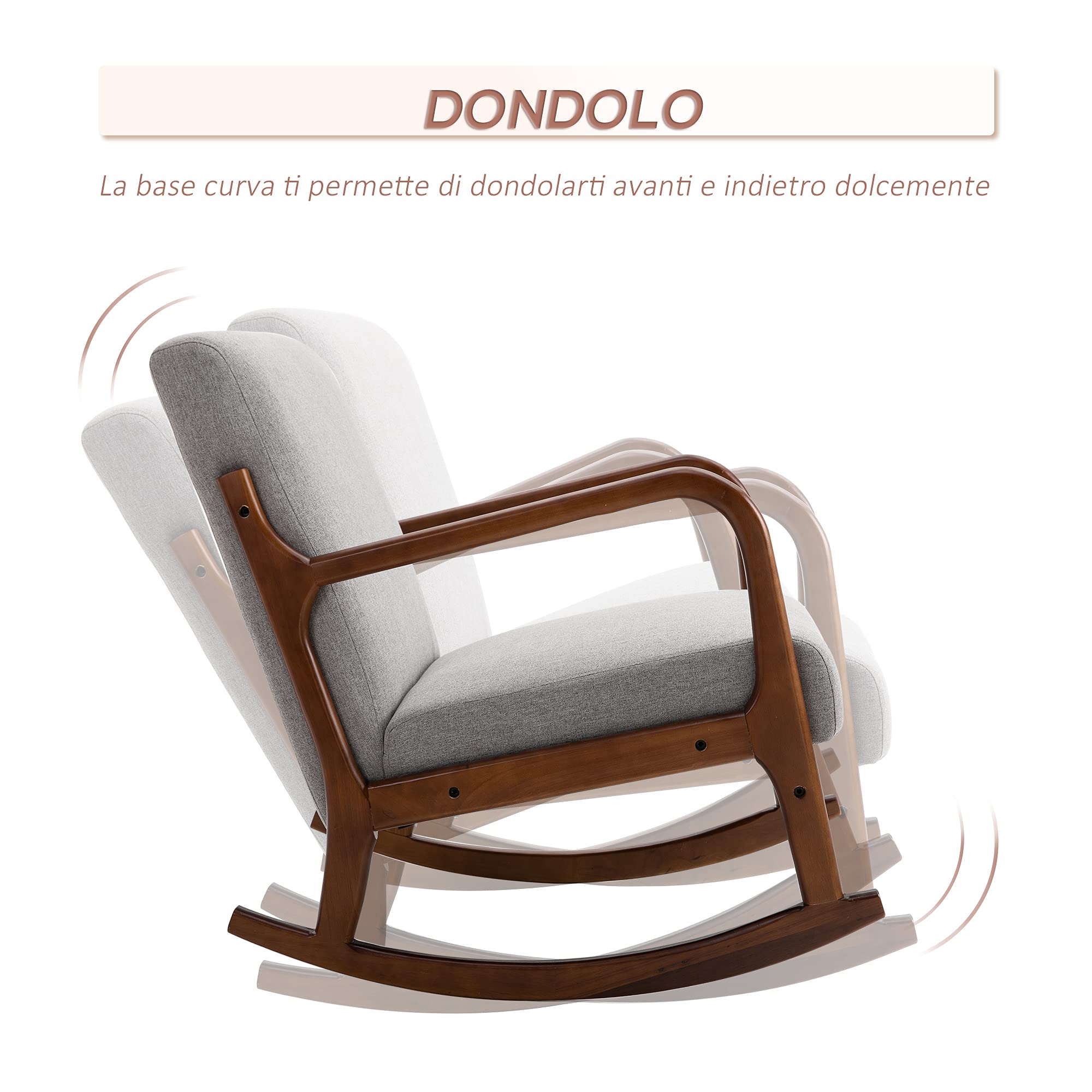 HOMCOM Poltrona a Dondolo Imbottita, Design Vintage in Legno e Poliestere Grigio, per Interni, Ufficio, Soggiorno, 64x86x80cm