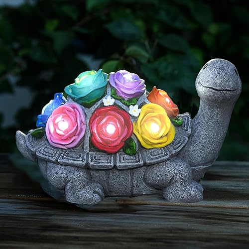 Tortuga solar para decoración de jardín con rosa y 7 luces LED, decoración al aire libre, estatua de tortuga para patio, balcón, adorno de patio,