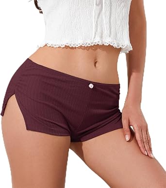 Women Slit Micro Pajamas Shorts Low Rise Mini Booty Shorts Ruched Cheeky Ribbed Knit Sexy Pj Bottom Y2k Boyshort