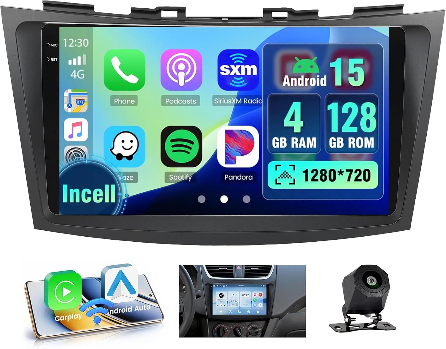 [4+128G] Android 15 Radio for Suzuki Swift 2011 2012 2013 2014 2015 2016 2017, 9” Incell Full Touchscreen Stereo Wireless CarPlay/Android Auto Bluetooth GPS Navi 5G WiFi FM/RDS + AHD Backup Camera