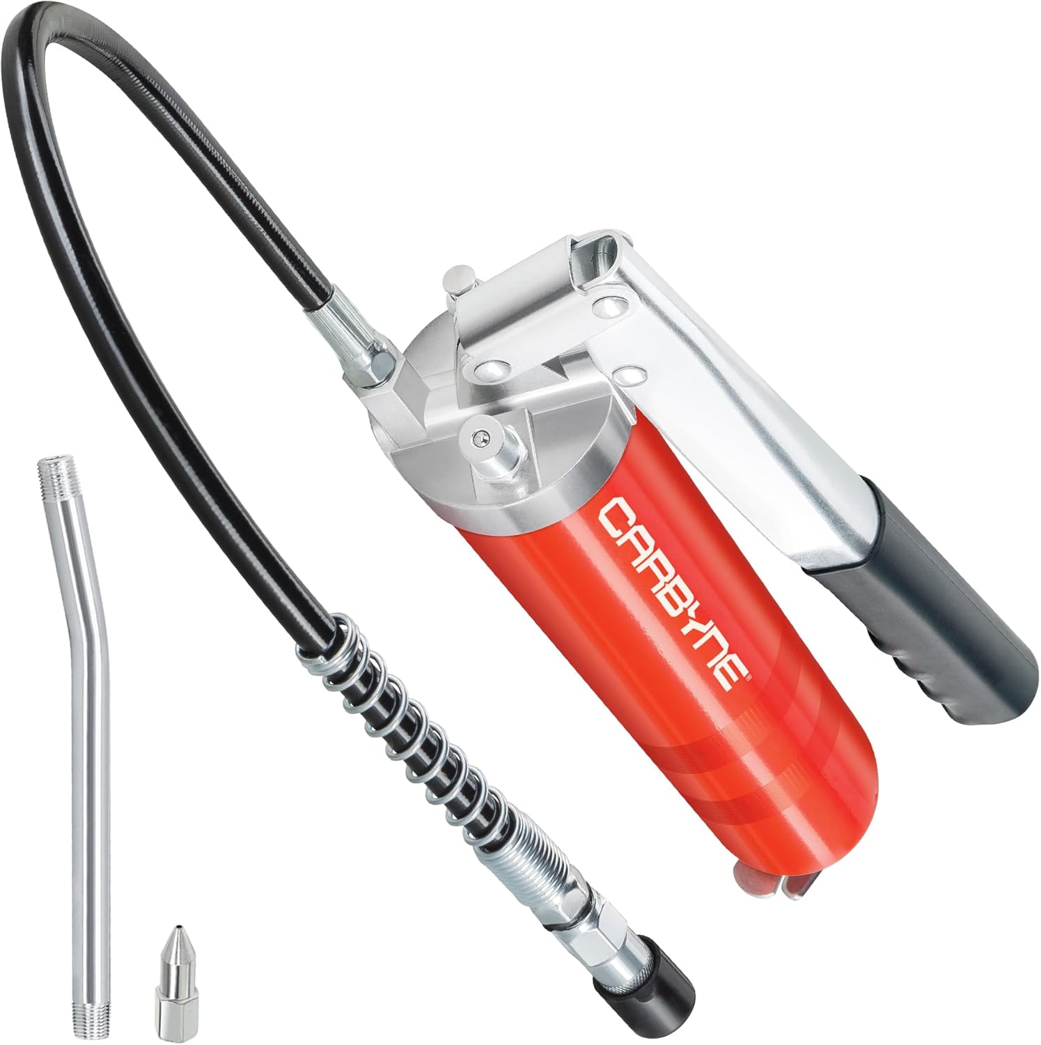 Carbyne Grease Gun, 8000 PSI, Lever Handle, Heavy Duty Steel Barrel, 3-Way Loading, 18 in. Hose, Angled Tube, Needle Nozzle, Coupler