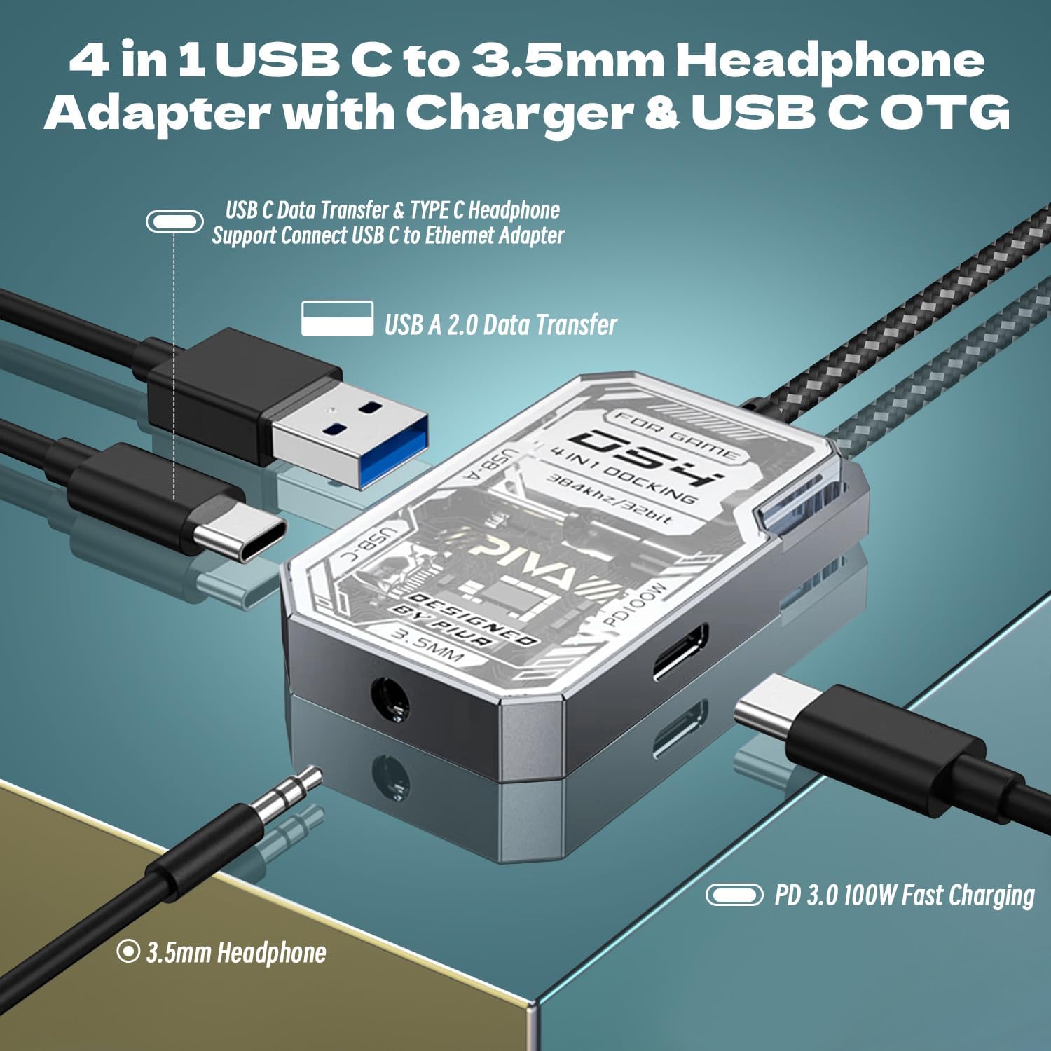4 in 1 USB C to 3.5mm Headphone Adapter & Charger Adapter, USB C to 3.5mm Audio & PD 100W Fast Charging OTG Dongle, Compatible with iPad Pro/Air 5, MacBook, Galaxy S23, Pixel 7