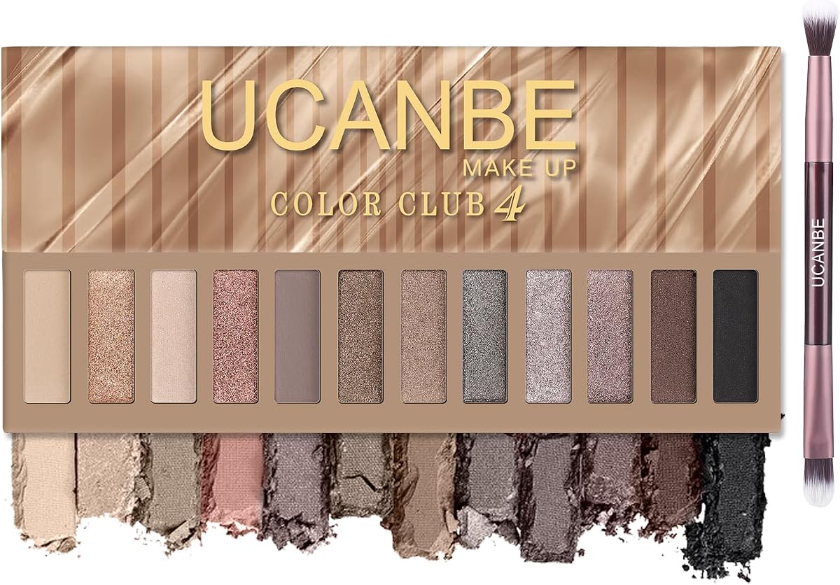 Paleta de maquillaje de sombra de ojos de 12 colores, sombra de ojos desnuda desnuda, paleta de maquillaje con brillo mate neutro con kit de pinceles de doble punta, altamente pigmentado, resistente al agua y de larga duración