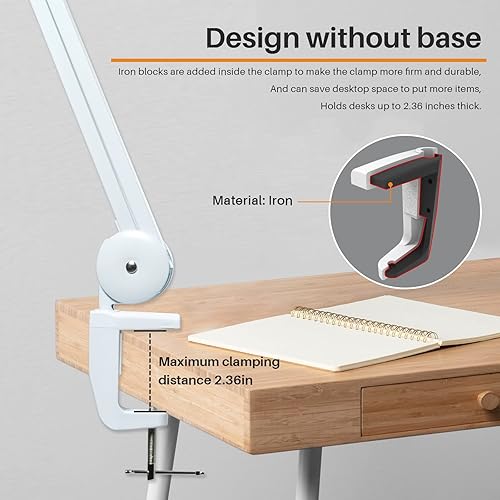 Miniatura 4 de Bemelux Lámpara de trabajo con abrazadera, 117 luces LED brillantes, brazo oscilante de metal de 24 W, 2200 lúmenes, lámpara de escritorio LED